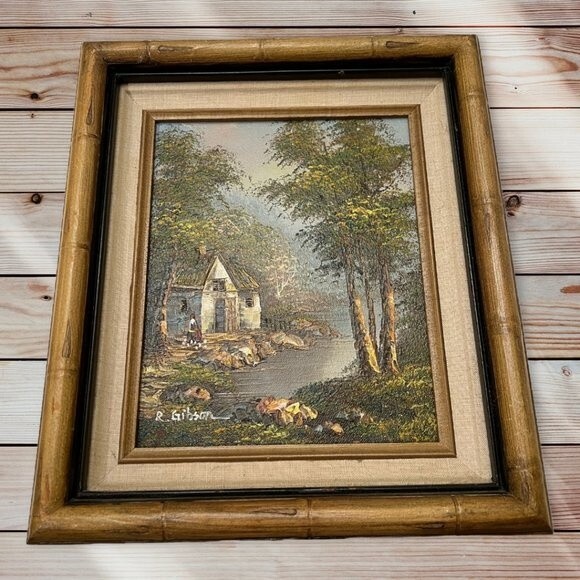 Framed Oil Painting of a Figure by a Farm House Near a River Signed R. Gibson